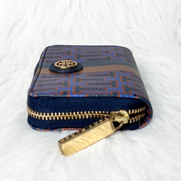 Tory Burch Blue Tan Leather T Logo Print Mini Key Card Wallet - Picture 6 of 7